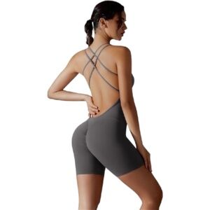 Women’s Grey Workout Strappy Back Scrunch Yoga Romper